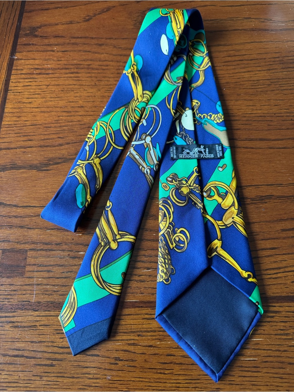 Hermes Paris 100% Silk Neck Tie Green Gold Equestrian Bit Chain Horse - Picture 5 of 7